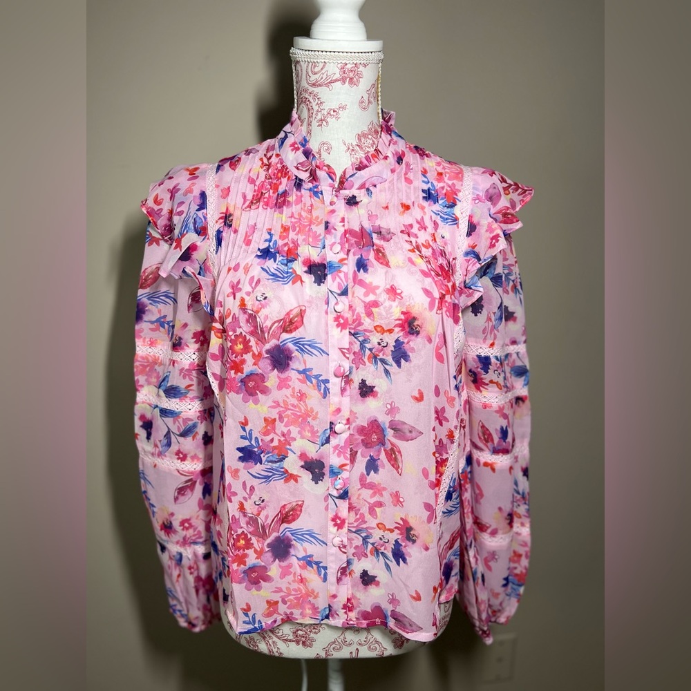 NWT Allison new York womens hot pink floral lace blouse size Small